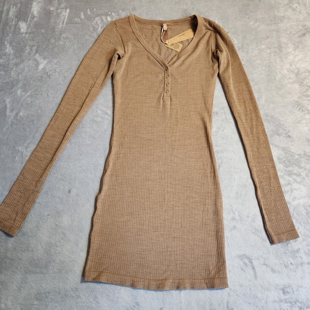 New Skims Wool Rib Henley Dress Sienna Brown XS DS-DRS-10878W Ribbed NWT